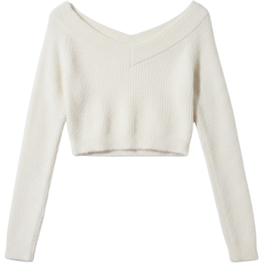 American Eagle White Fluffy V-Neck Women's Sweater Size Large EUC